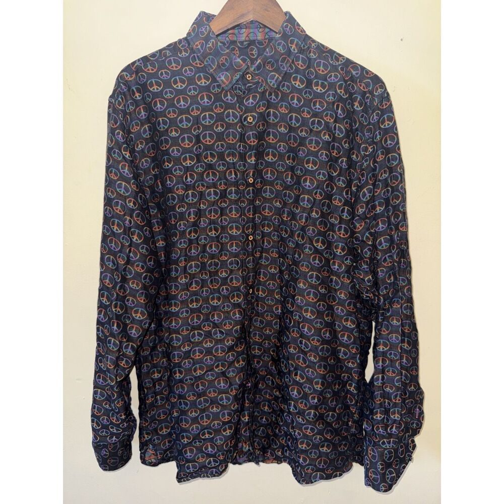 Visconti Black Rainbow Peace Sign Button Down Shirt XL 100% Cotton Psychedelic